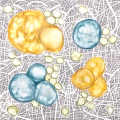 "Bio Networks 5", abstract, microscopic, teal, ochre, grey, pastel, encaustic