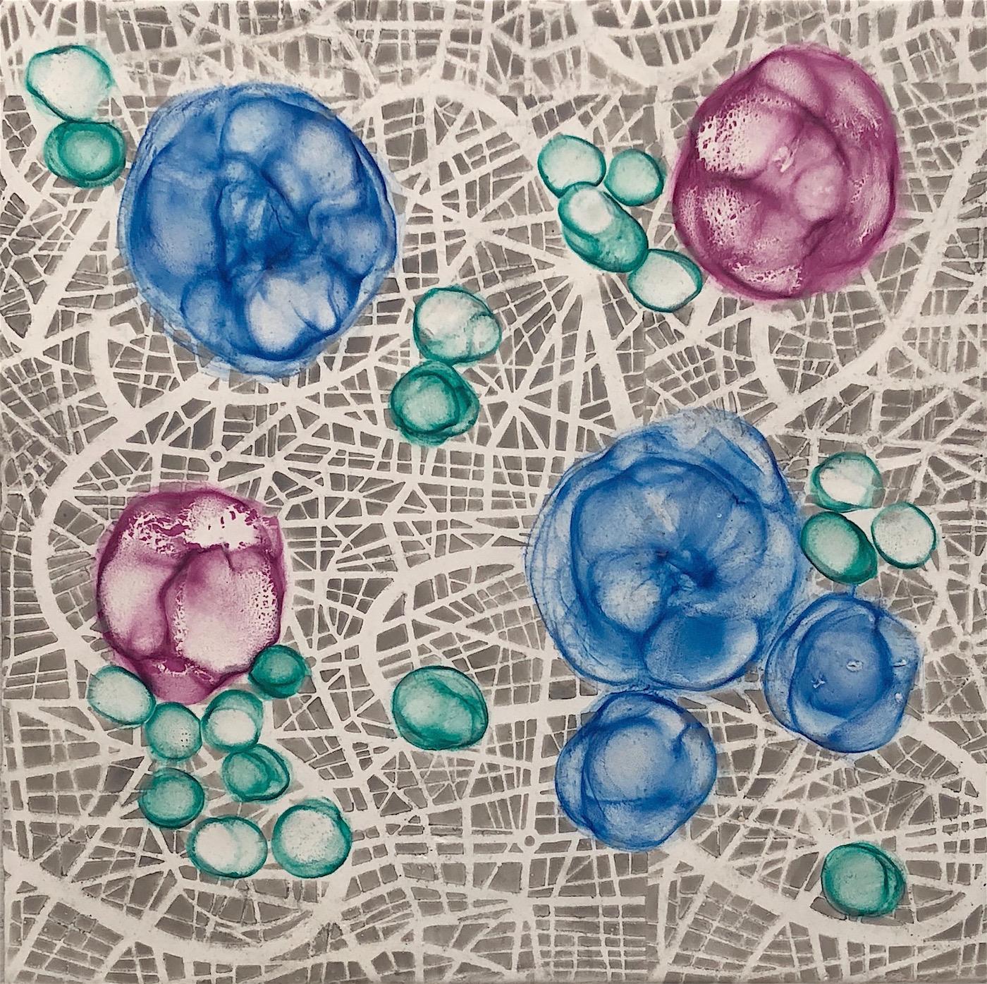"Bio Networks 6", abstract, microscopic, blue, pink, grey, encaustic, pastel