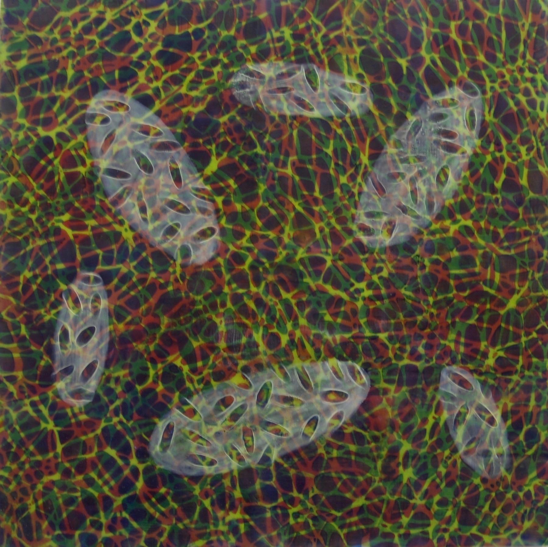 "Bio Patterns 10", encaustic, pastel, abstract, microscopic, blue, green, red