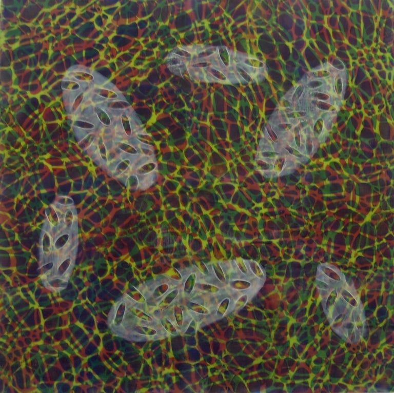 Kay Hartung Abstract Painting - "Bio Patterns 10", encaustic, pastel, abstract, microscopic, blue, green, red