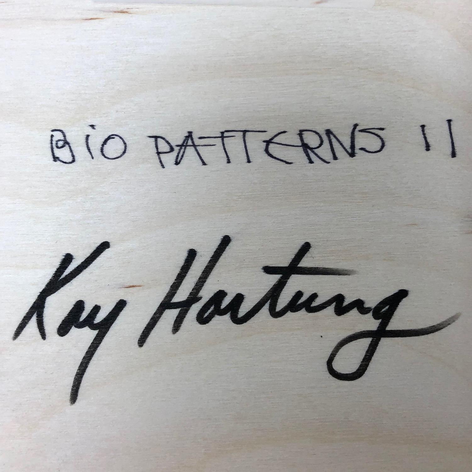 Kay Hartung’s “Bio Patterns 11” is a 20 x 20 x 1.5 inch encaustic painting composed of transparent layers depicting microscopic forms on a richly patterned background. In colors of blues, turquoise and white, the transparent layers create a sense of