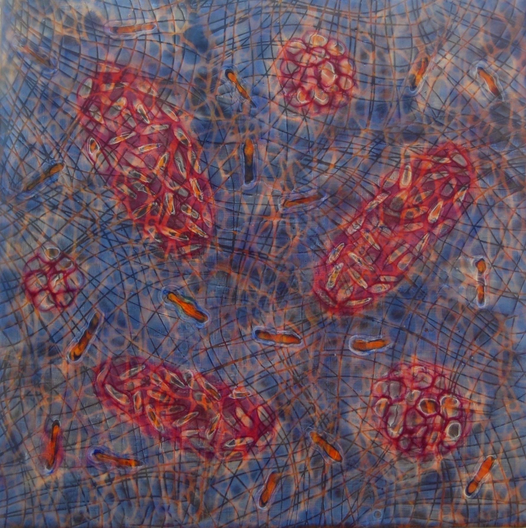„Bio-Muster 12“, abstrakt, mikroskopisch, blau, orange, rot, pastell, enkaustisch