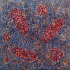 "Bio Patterns 12", abstract, microscopic, blue, orange, red, pastel, encaustic