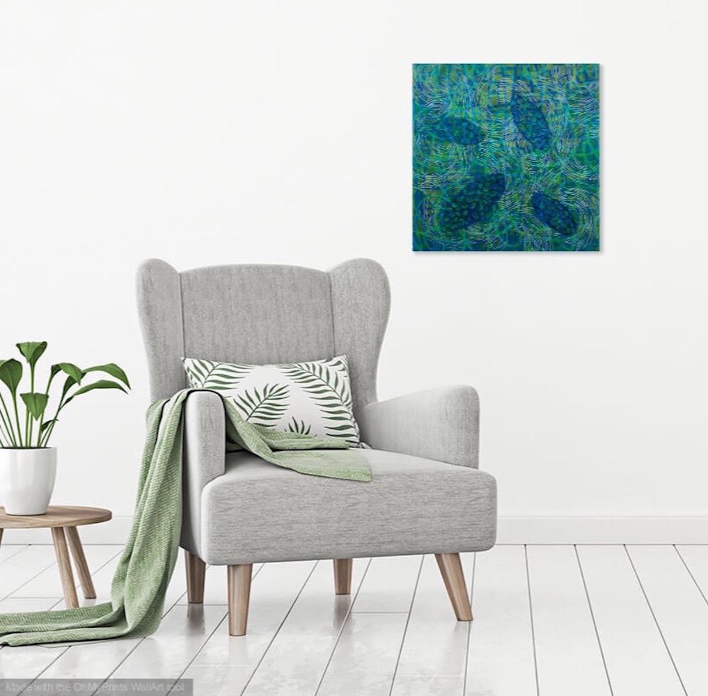 Kay Hartung’s “Bio Patterns 13”  is a 18 x 18 x 1.5 inch encaustic painting composed of multiple layers of microscopic forms on a richly patterned background. In varied shades of blues, greens, turquoise and white, the painting has a feeling of