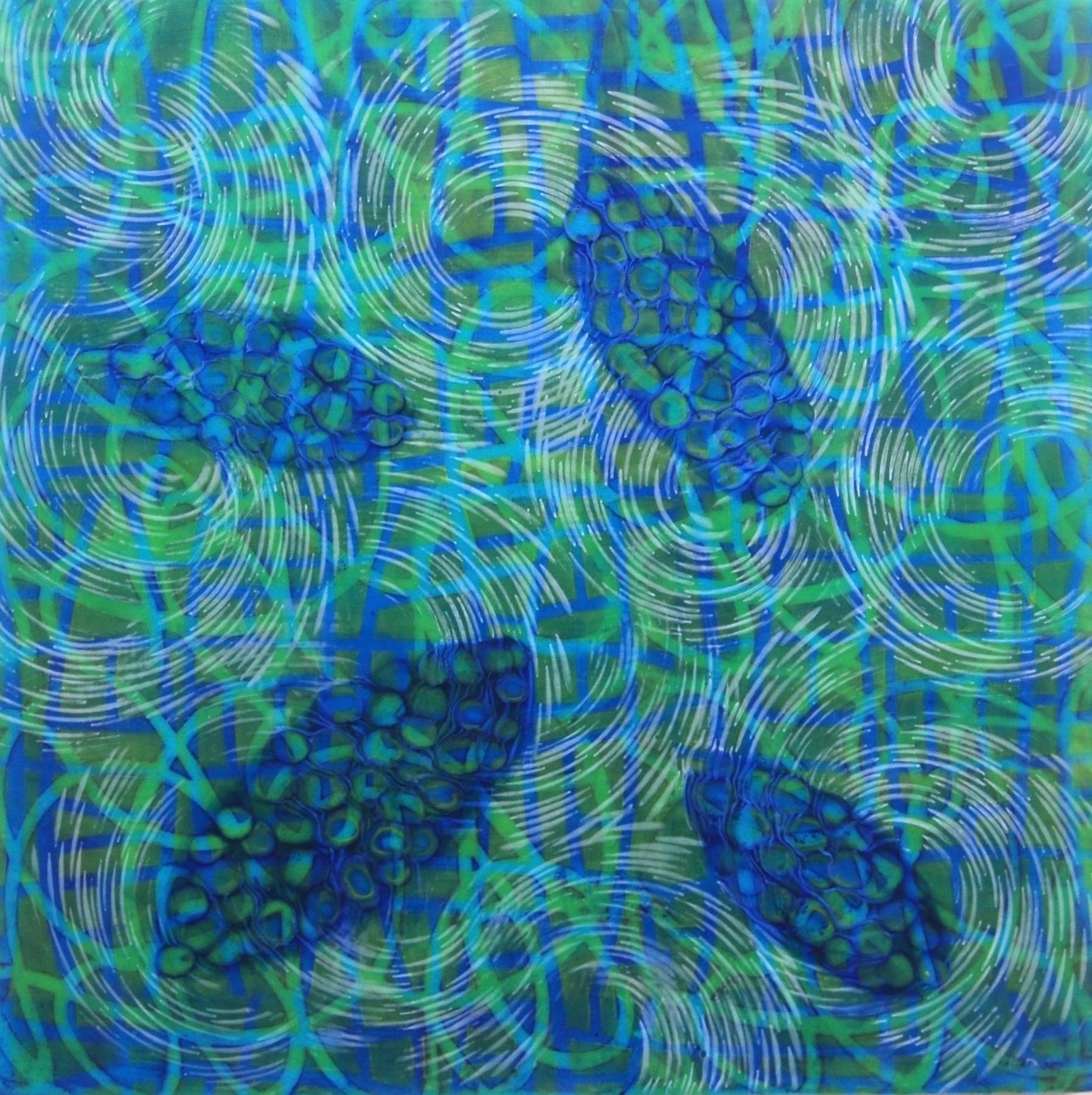 "Bio Patterns 13", abstract, encaustic, microscopic, blues, greens, turquoise