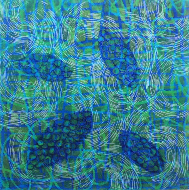 "Bio Patterns 13", abstract, encaustic, microscopic, blues, greens, turquoise - Mixed Media Art by Kay Hartung