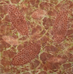„Bio-Muster 14“, abstrakt, mikroskopisch, Rost, Pfirsich, Grün, Enkaustik, Pastell