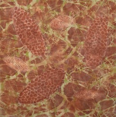 "Bio Patterns 14", abstract, microscopic, rust, peach, green, encaustic, pastel