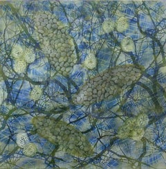 "Bio Patterns 16", abstract, microscopic, blue, green, white, pastel, encaustic