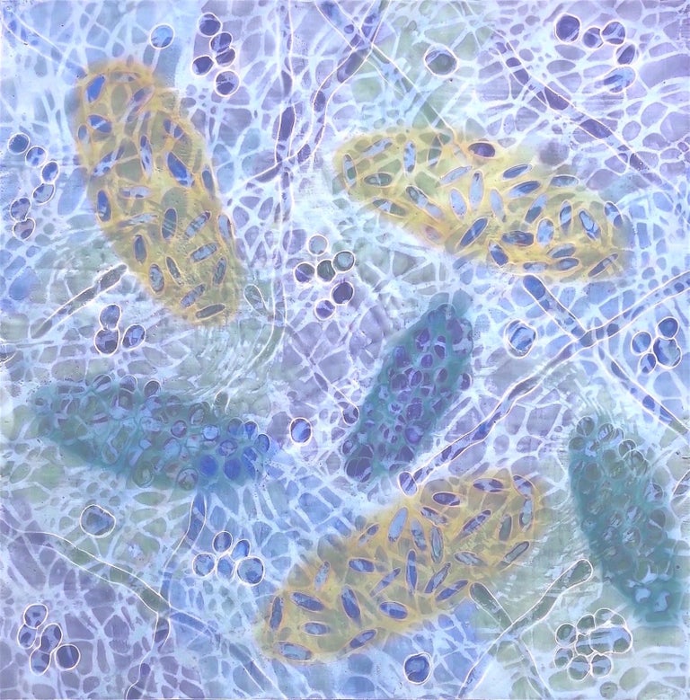 Kay Hartung Abstract Painting - "Bio Patterns 7", encaustic, pastel, abstract, microscopic, blues, green, purple