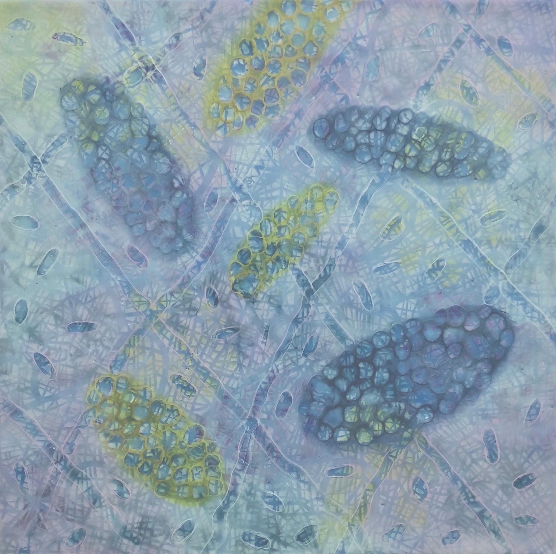 Kay Hartung Abstract Painting - "Bio Patterns 8", pastel, abstract, microscopic, blues, purples, encaustic