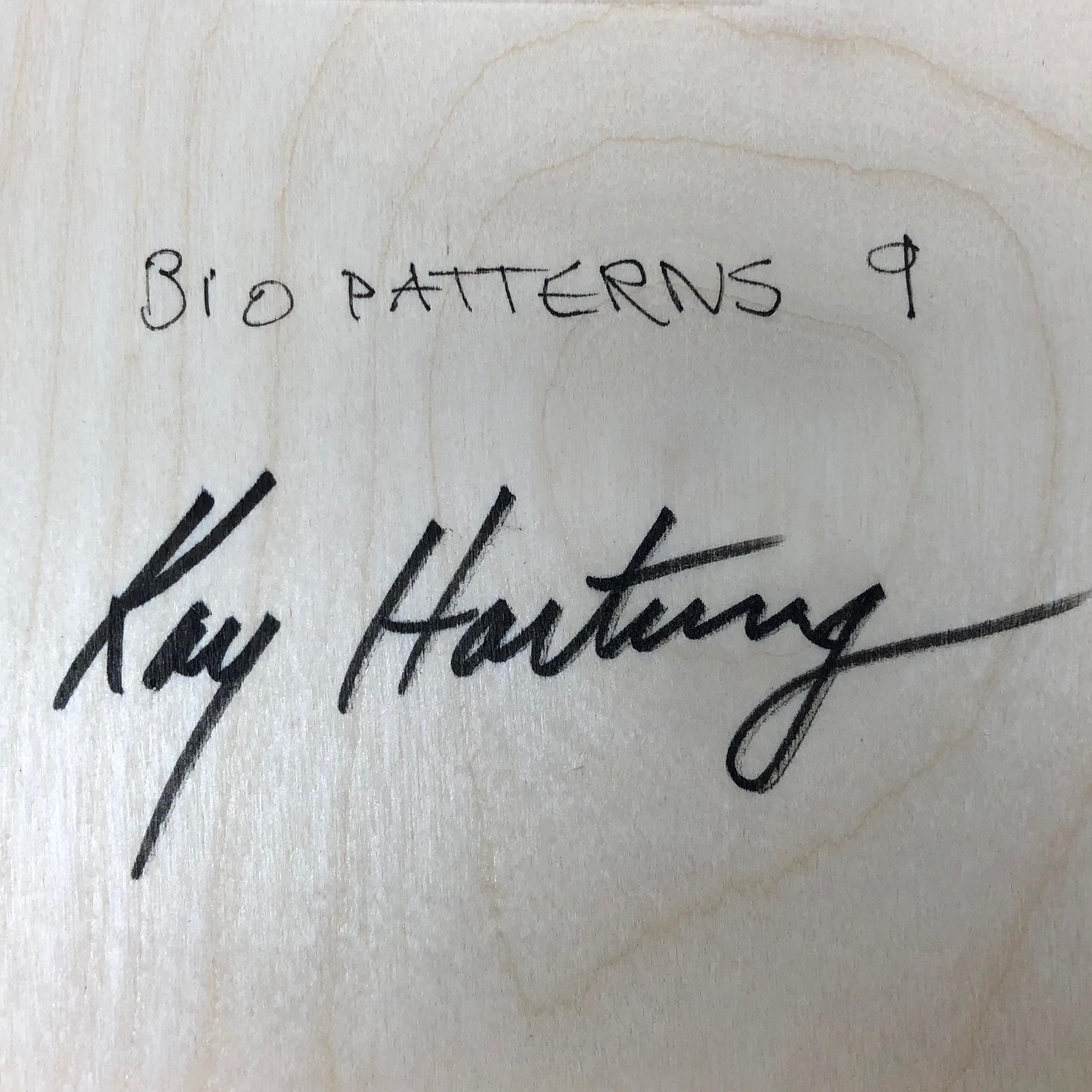 Kay Hartung’s “Bio Patterns 9” is a 20 x 20 x 1.5 inch encaustic painting composed of transparent layers depicting microscopic forms on a richly patterned background. In colors of blue, purple, maroon and white the transparent layers create a sense