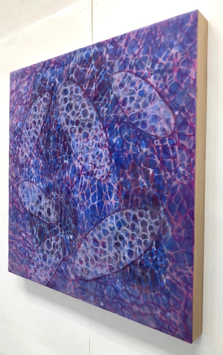 Kay Hartung’s “Bio Patterns 9” is a 20 x 20 x 1.5 inch encaustic painting composed of transparent layers depicting microscopic forms on a richly patterned background. In colors of blue, purple, maroon and white the transparent layers create a sense