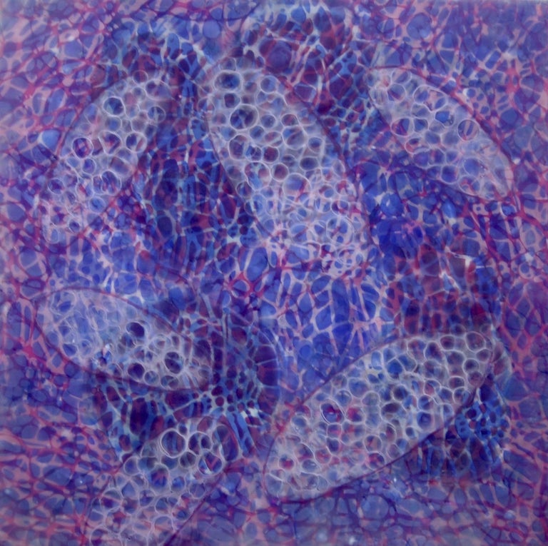 Kay Hartung Abstract Painting - "Bio Patterns 9", encaustic, pastel, abstract, microscopic, purple, blue, white
