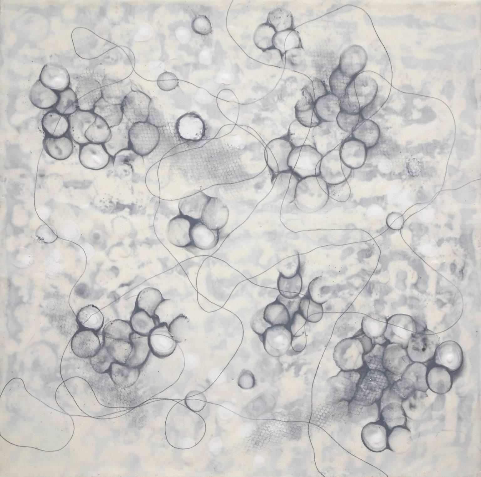 "Bio Shadows 2", abstract, encaustic, painting, microscopic, grey, white