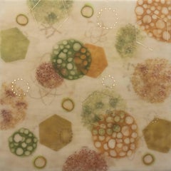 "Bio System 1", abstract, mixed media, encaustic, pastel, microscopic, ochre