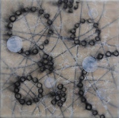 "Cell Pathways 1", abstract, cell, circles, black, white, encaustic