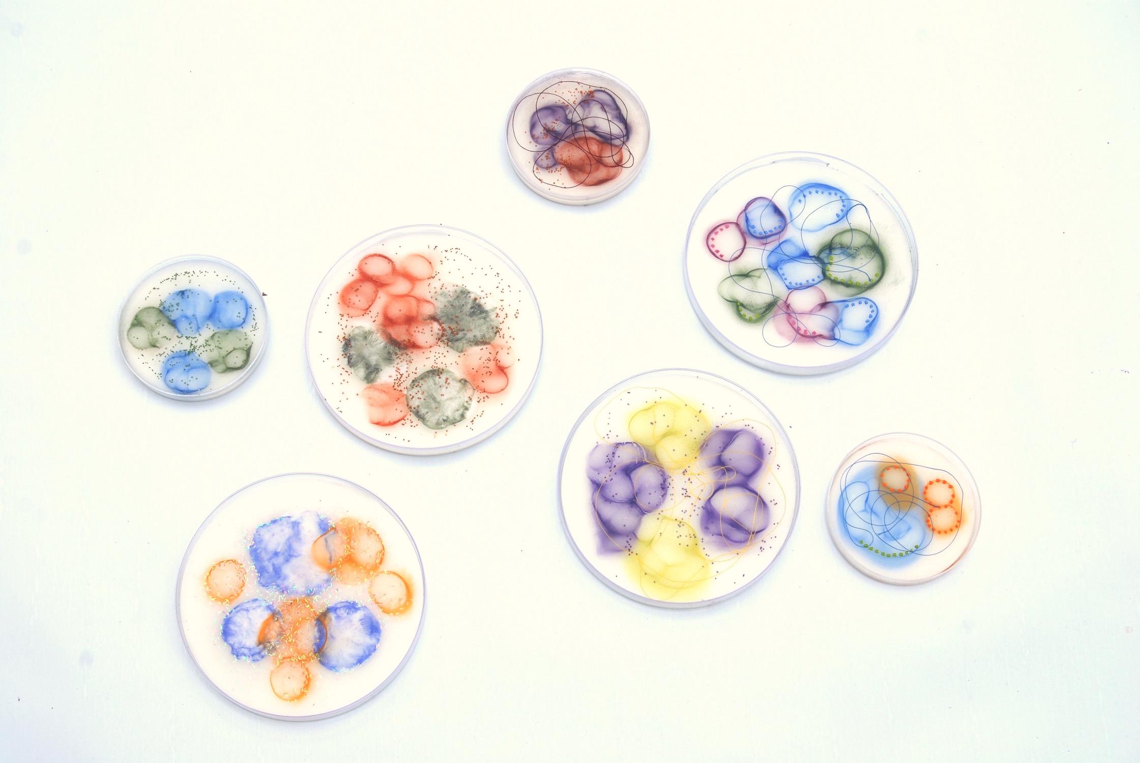 Kay Hartung Abstract Painting - "Cell Samples Grouping 1", abstract, encaustic, pastel, mixed media