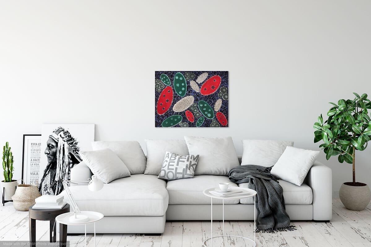 Kay Hartung’s “Macroaction 13” is a 19.5 x 25 inch pastel drawing done on black Canson Mi Teintes paper. In blues, red, green, grey and white this drawing is beautifully detailed with both broad areas of color as well as fine lines. The use of the