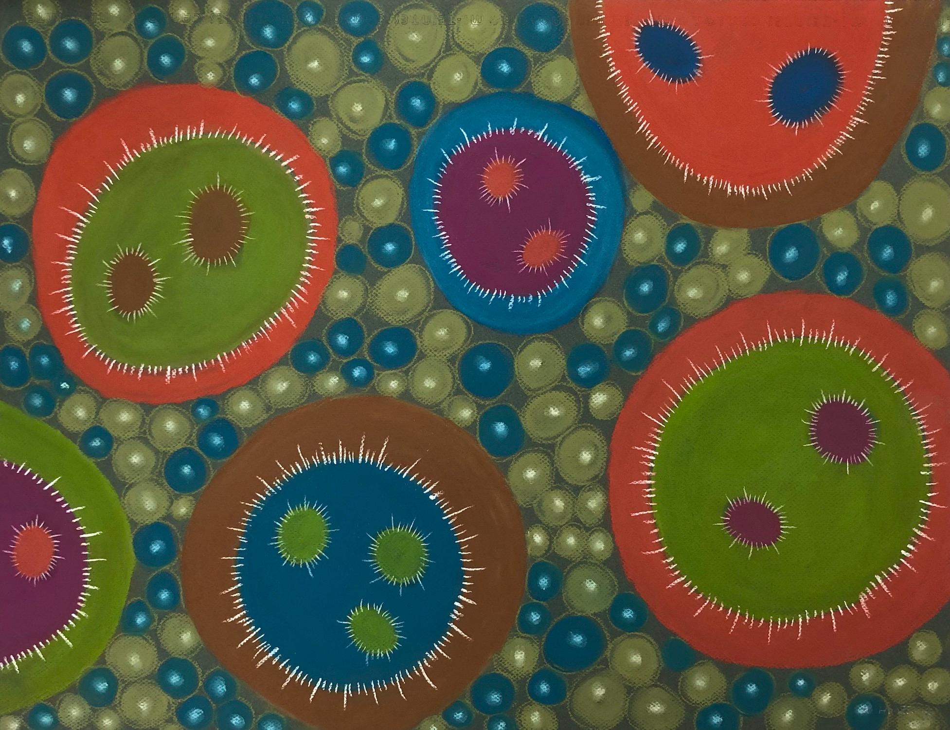 "Macroaction 14", pastel, drawings, microscopic, blue, orange, green, brown