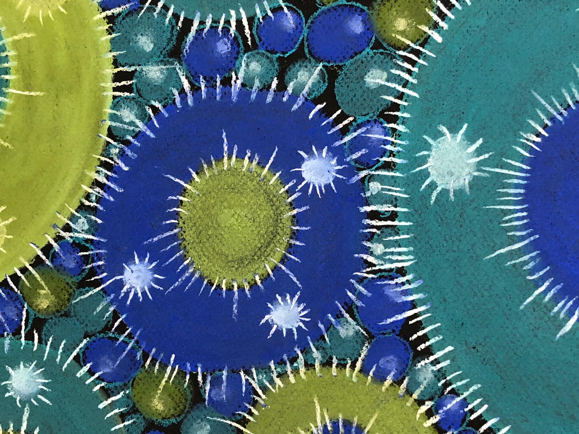„Macroblast 10“, Pastell, Zeichnung, mikroskopisch, blau, grün, weiß, schwarz (Abstrakt), Art, von Kay Hartung