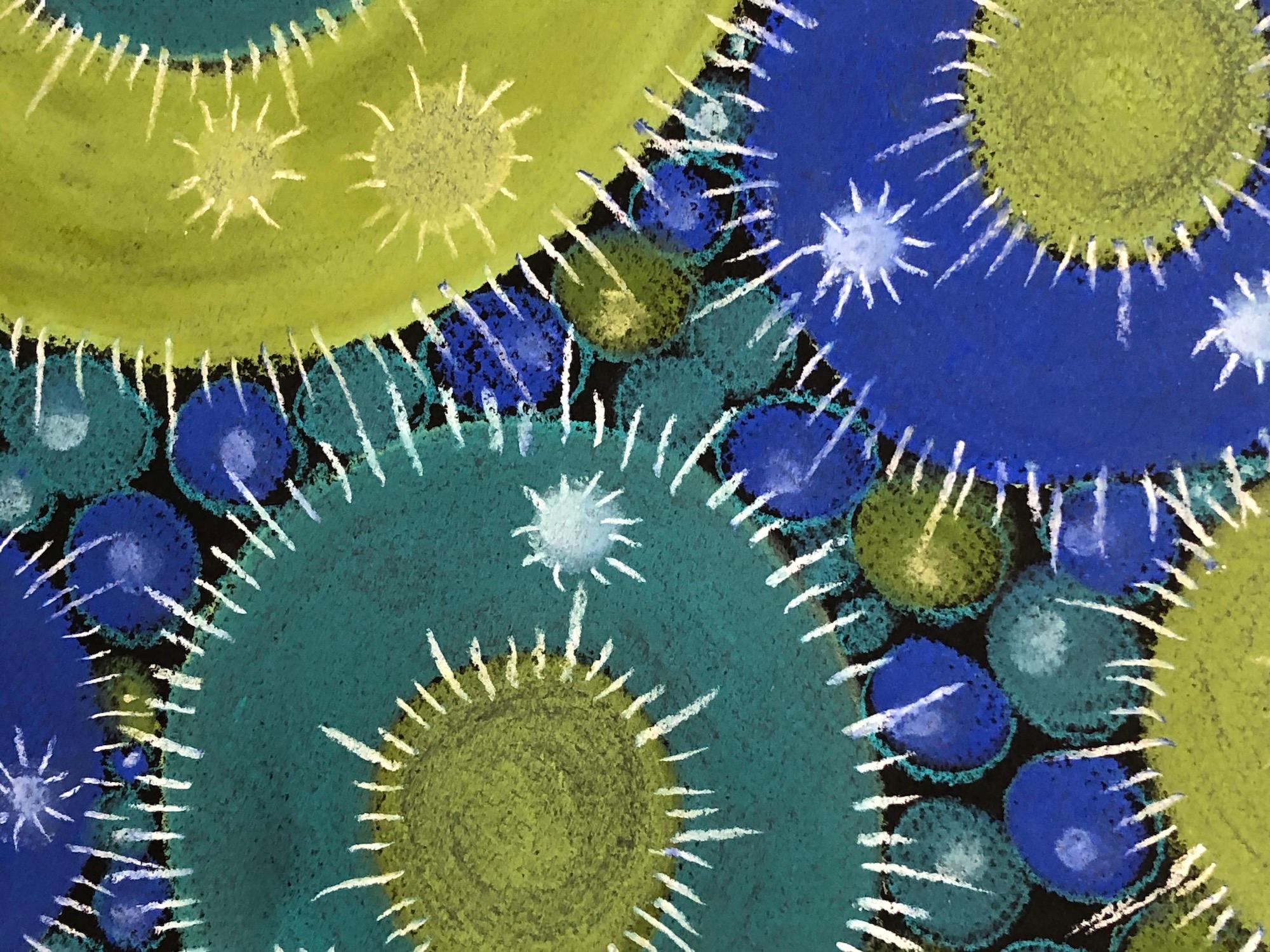 „Macroblast 10“, Pastell, Zeichnung, mikroskopisch, blau, grün, weiß, schwarz (Blau), Abstract Drawing, von Kay Hartung