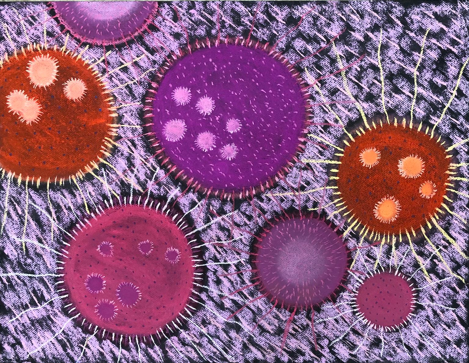 "Macroblast 7", pastel, drawing, microscopic, orange, pink, purple, black
