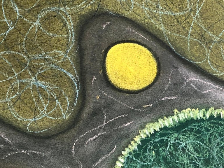 Kay Hartung’s “Macrovision 10” is a 19.5 x 25 inch pastel drawing done on black Canson Mi Teintes paper. In colors of blue, green and yellow on a background of grey, the shapes form a cellular landscape. The use of the black paper intensifies the