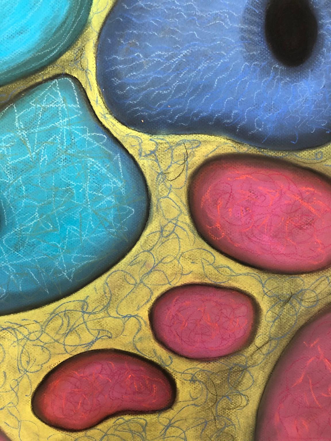 „Macrovision 6““, Pastell, mikroskopisch, Landschaft, Blau, Rosa, Gelb, Grün – Painting von Kay Hartung