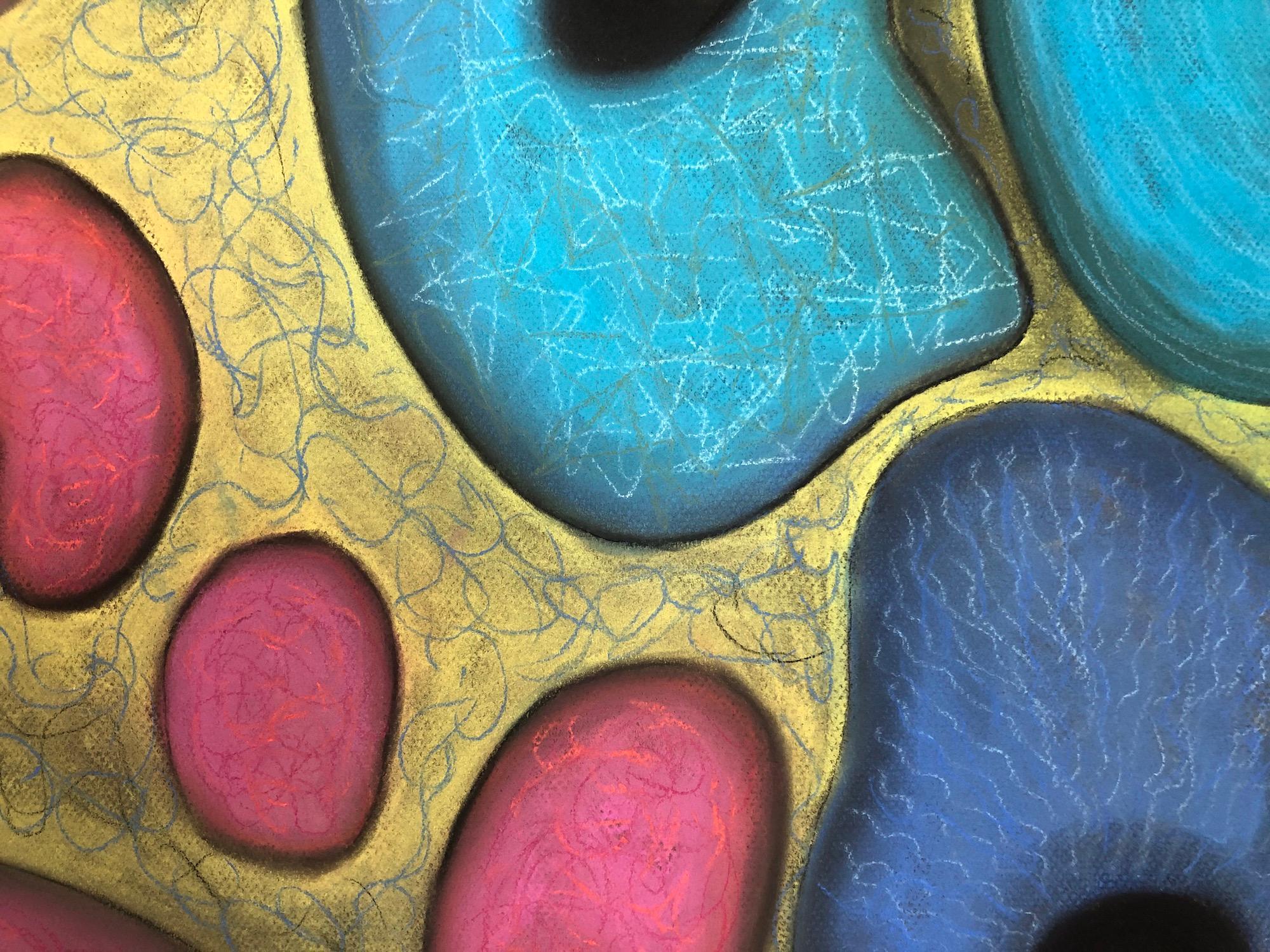 „Macrovision 6““, Pastell, mikroskopisch, Landschaft, Blau, Rosa, Gelb, Grün (Abstrakt), Painting, von Kay Hartung