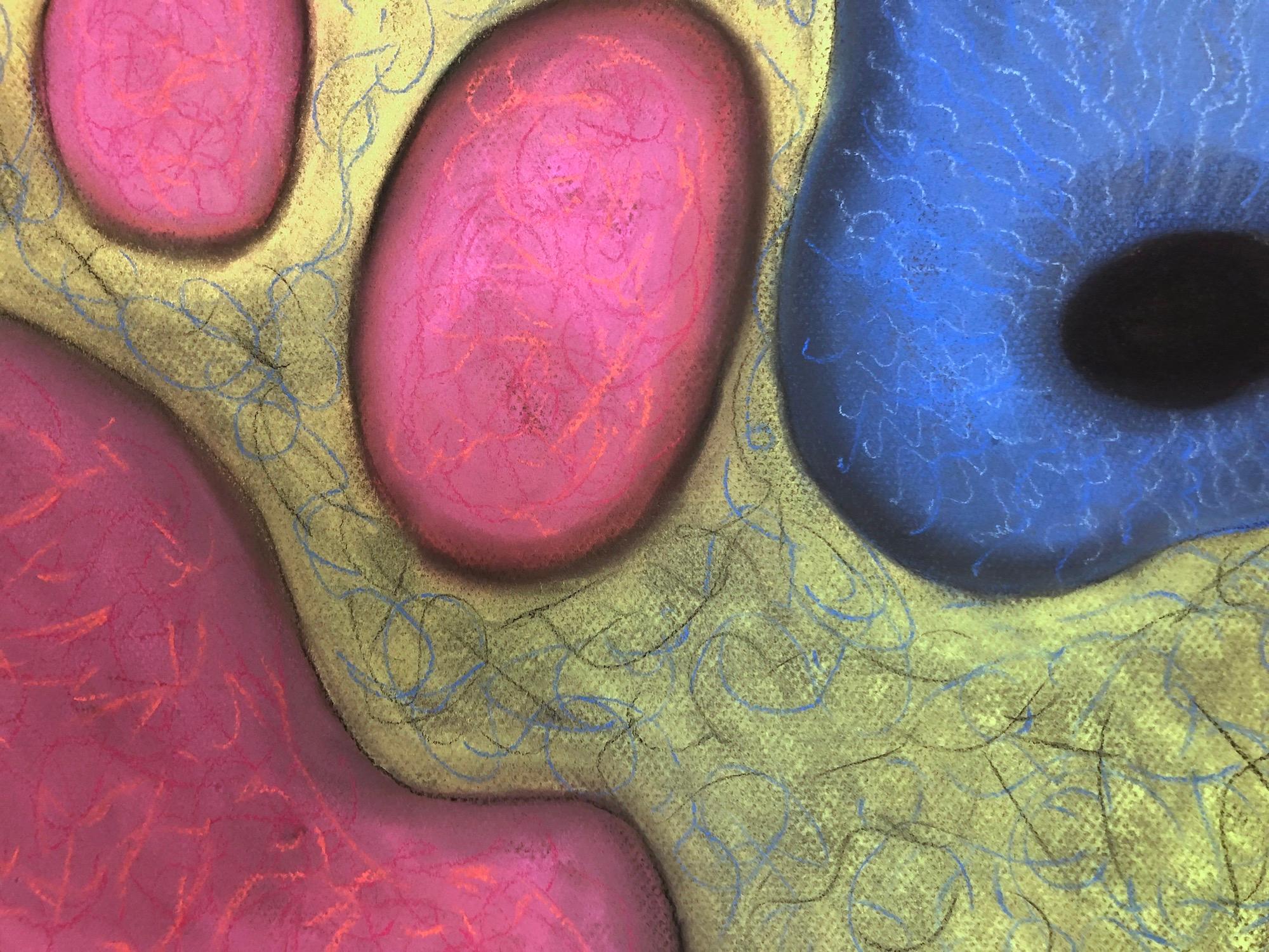 „Macrovision 6““, Pastell, mikroskopisch, Landschaft, Blau, Rosa, Gelb, Grün (Grau), Abstract Painting, von Kay Hartung