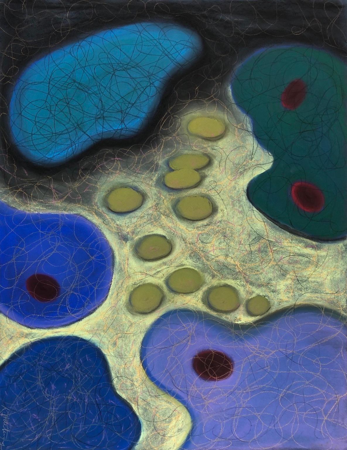 Kay Hartung Abstract Drawing - "Macrovision 7", pastel, microscopic, landscape, blues, greens, purples, yellow