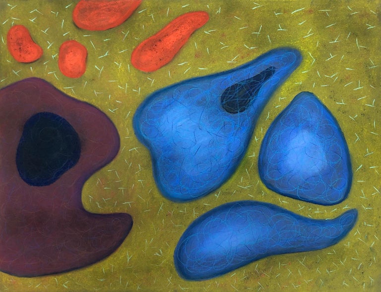Kay Hartung Abstract Painting - "Macrovision 8", pastel, microscopic, landscape, blue, green, orange, red