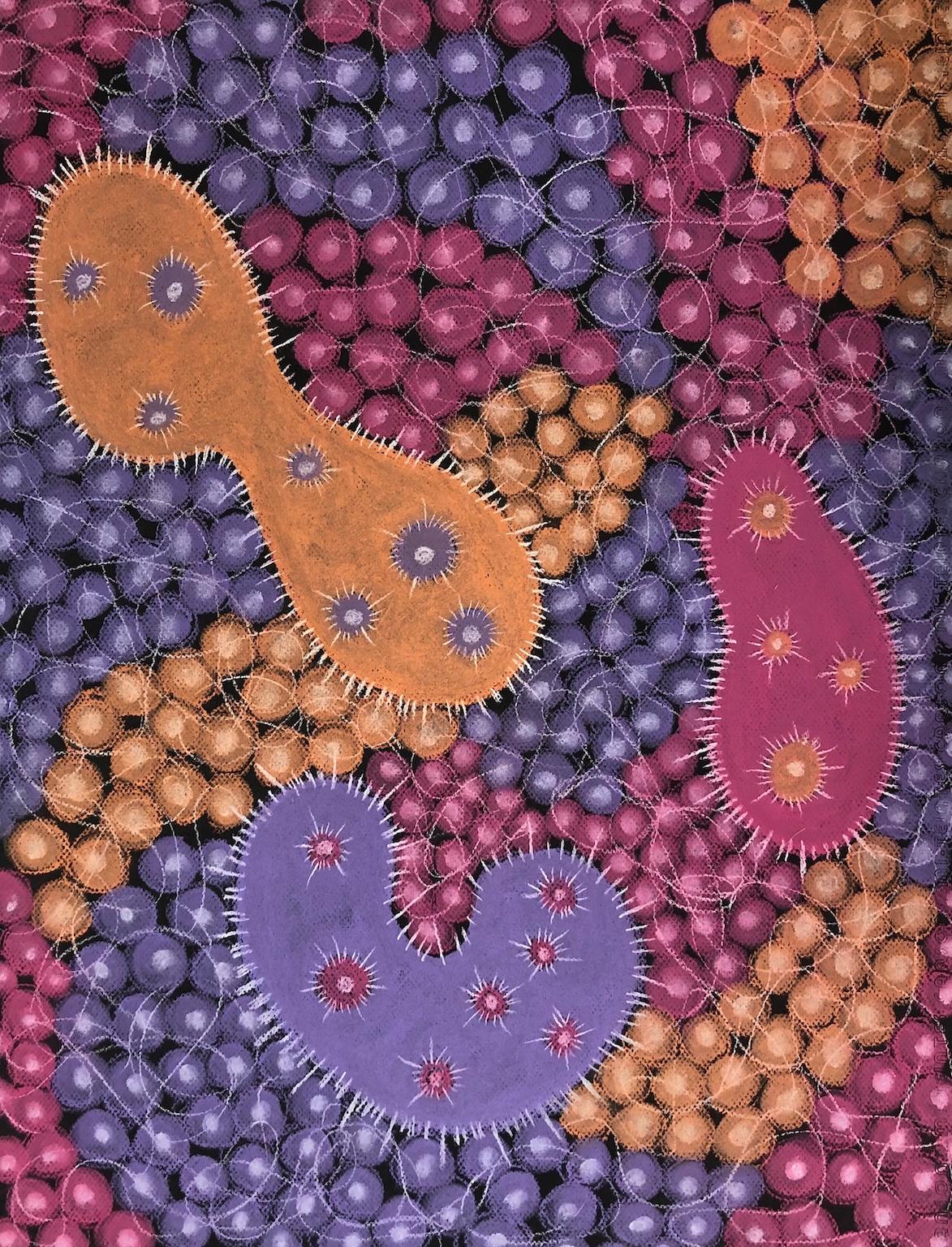 "Microbial Gathering 1", microscopic, orange, pink, purple, pastel drawing - Art by Kay Hartung