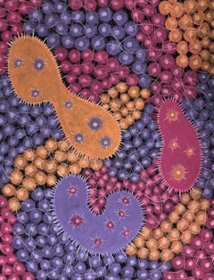 "Microbial Gathering 1", microscopic, orange, pink, purple, pastel drawing