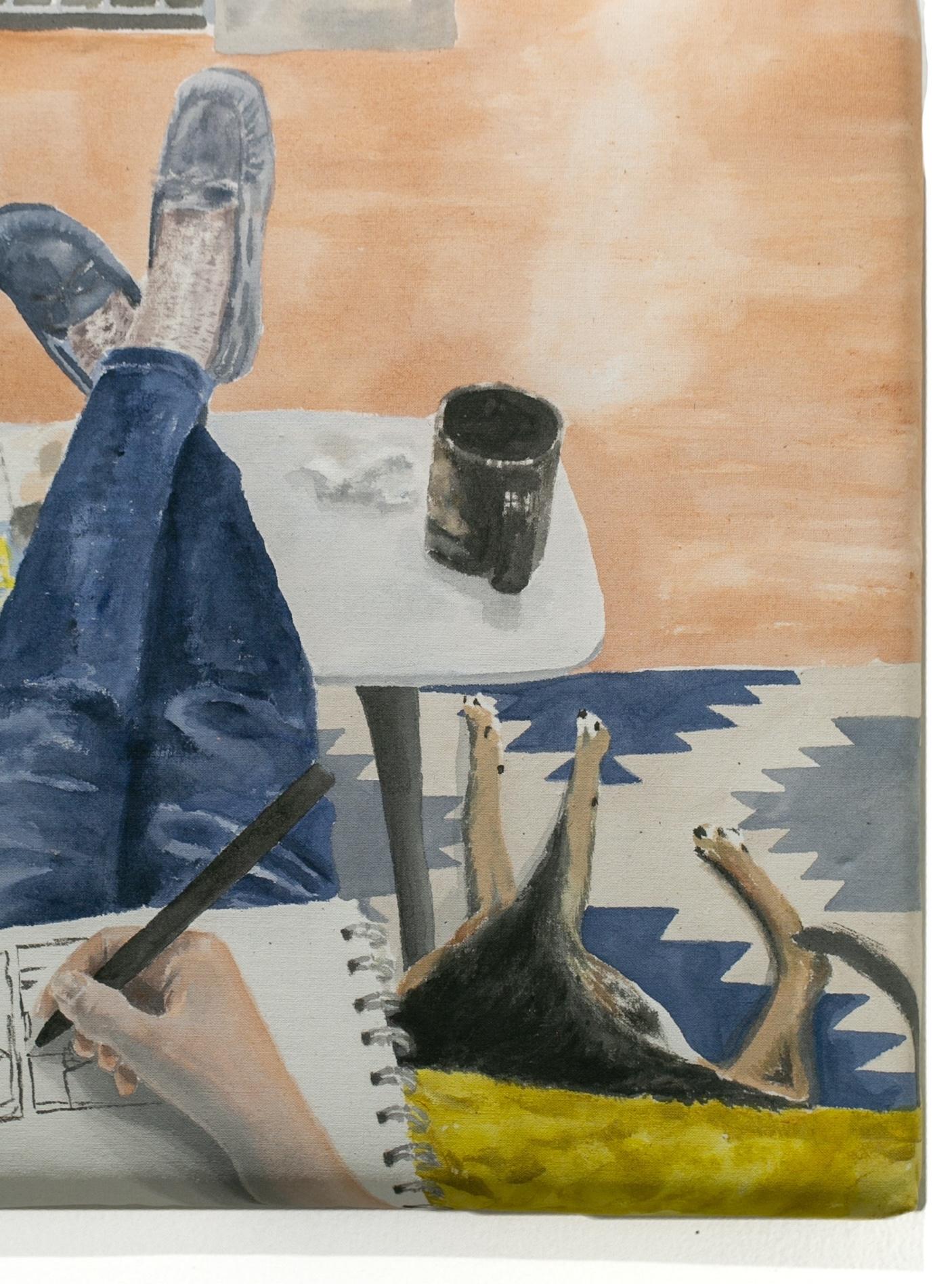 „Sunday Night“, Acrylfarbe auf Baumwolle, figürliches Gemälde, Innenseite, Katze im Angebot 2