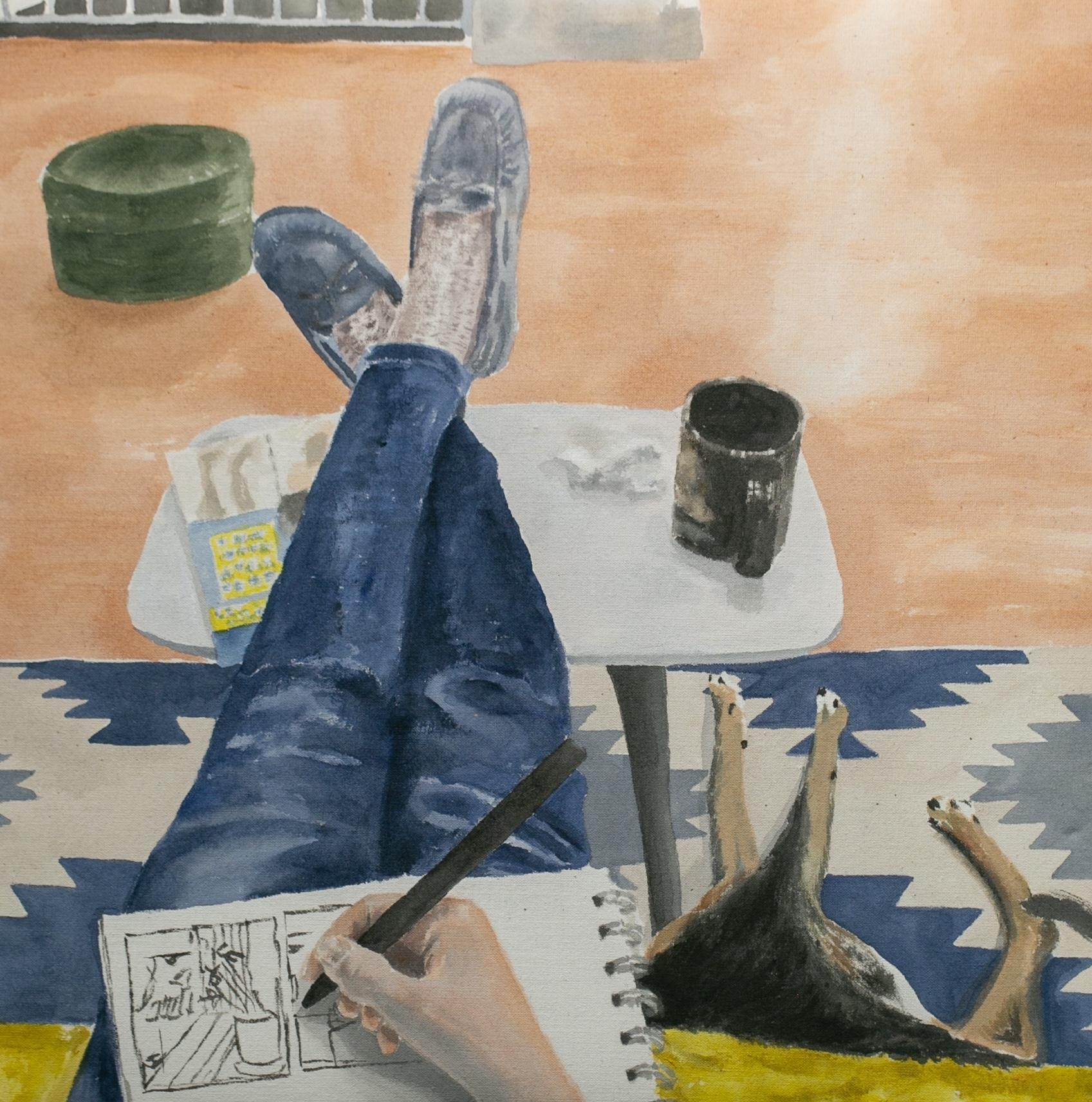 „Sunday Night“, Acrylfarbe auf Baumwolle, figürliches Gemälde, Innenseite, Katze im Angebot 3