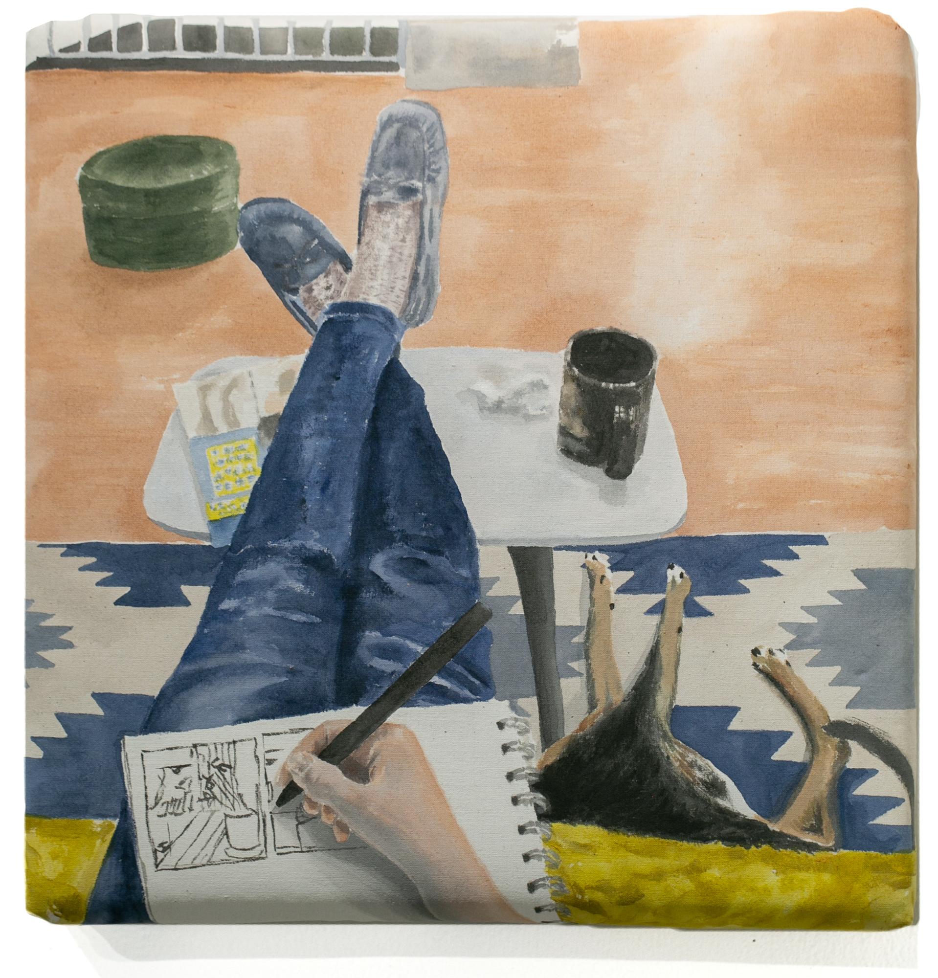 « Journée de minuit », peinture acrylique sur coton, peinture figurative, intérieur, chat