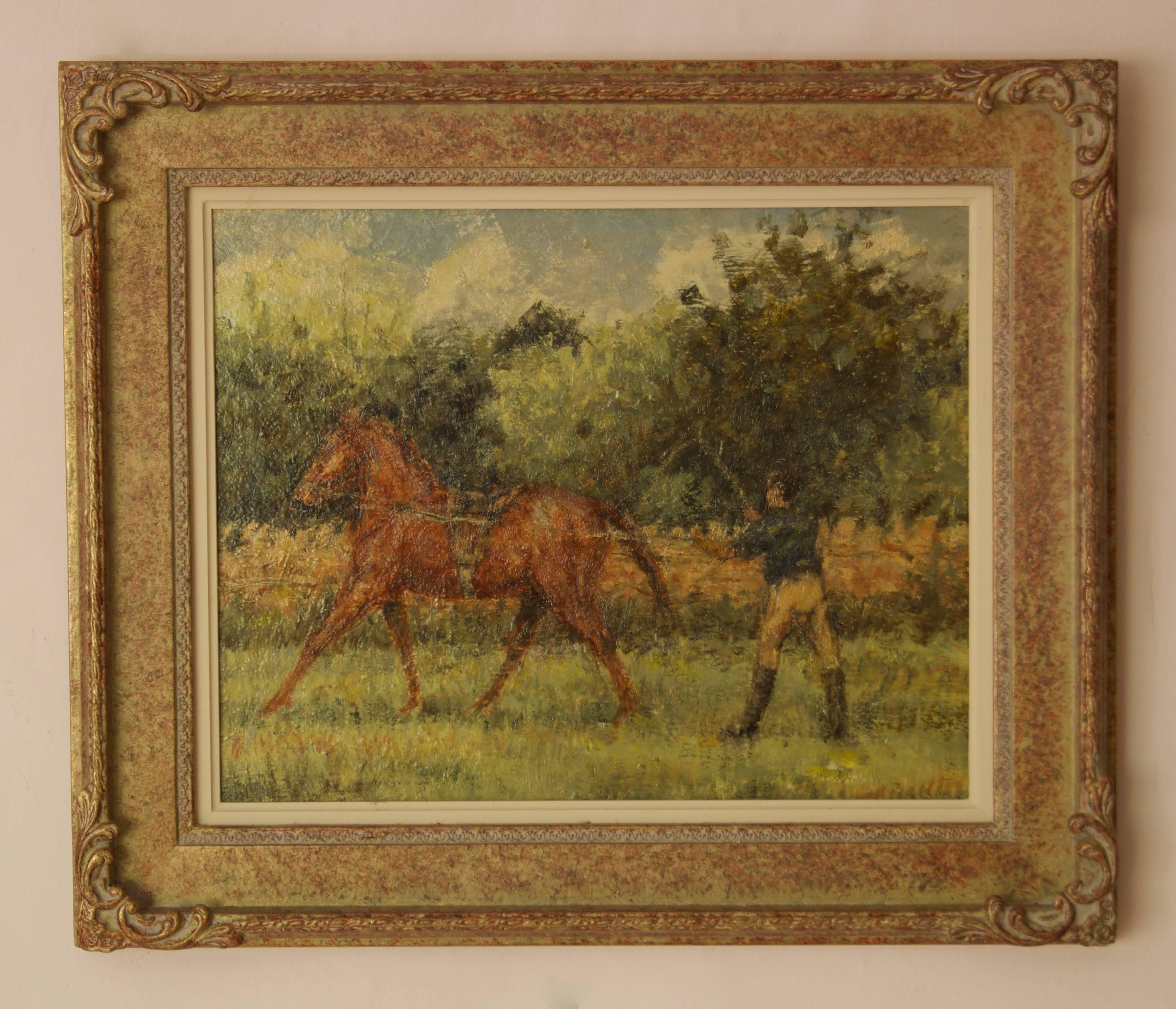 Kay Hinwood (1920 - 2006)

This piece titled Training Day was created using oil on board and is in a handmade swept composite frame.

It features: Horse, horses, training, people, horse rider, horse riding, landscape, countryside, fields,