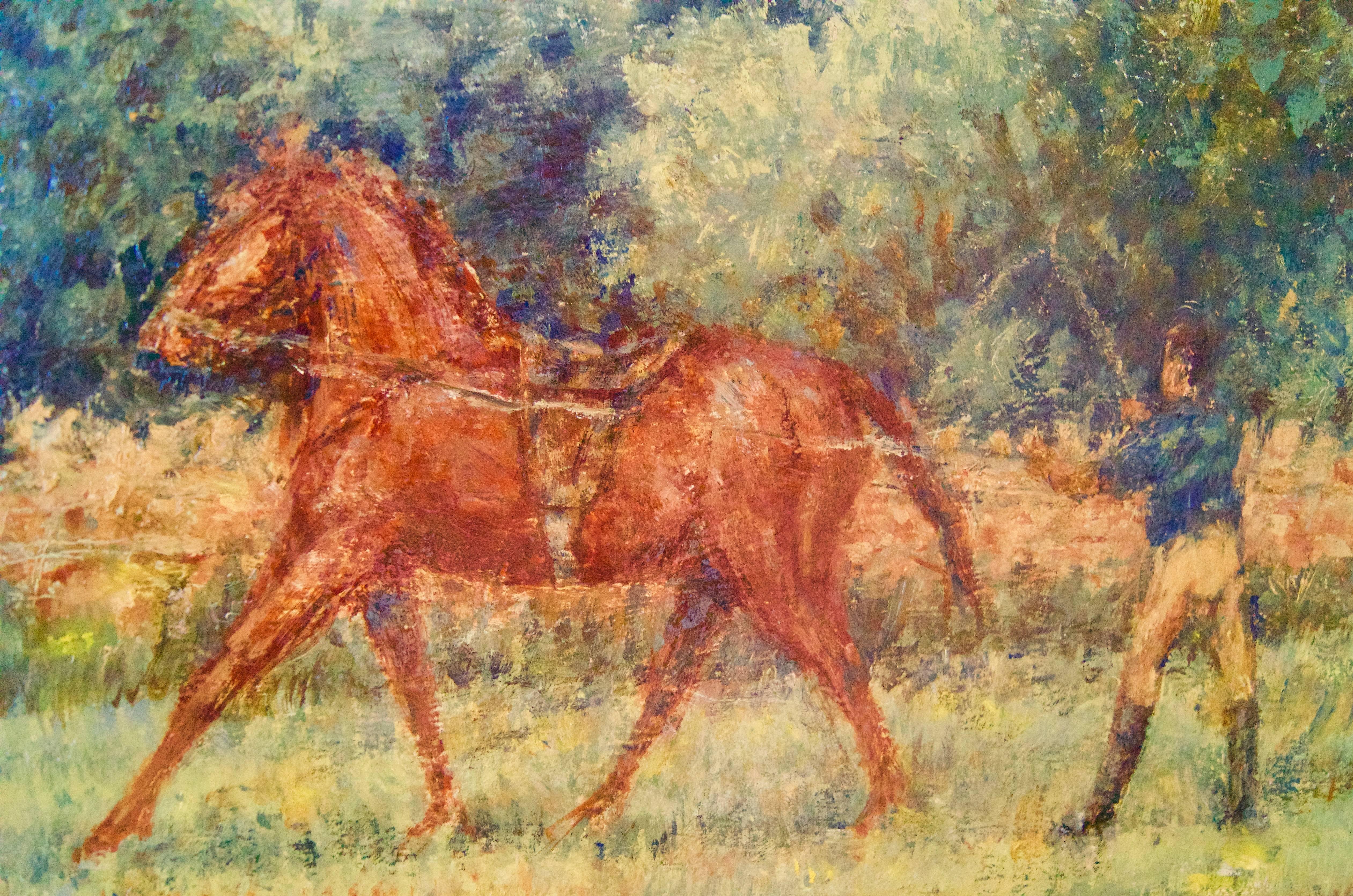 Training Day - Mid 20th Century Impressionist Oil Horse & Jockey by Kay Hinwood For Sale 1