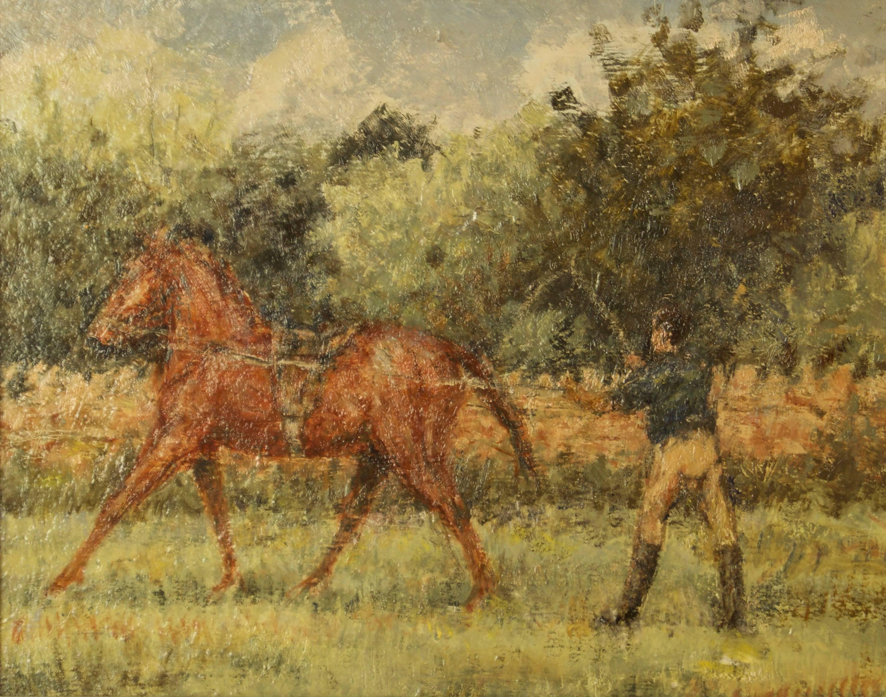 Kay Hinwood (1920 - 2006)

Dieses Werk mit dem Titel Training Day wurde mit Öl auf Karton gemalt und befindet sich in einem handgefertigten, geflochtenen Verbundrahmen.

Es enthält: Pferd, Pferde, Training, Menschen, Reiter, Reiten, Landschaft,