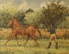 Vintage Training Day - Mid 20th Century Impressionist Oil Horse & Jockey by Kay Hinwood