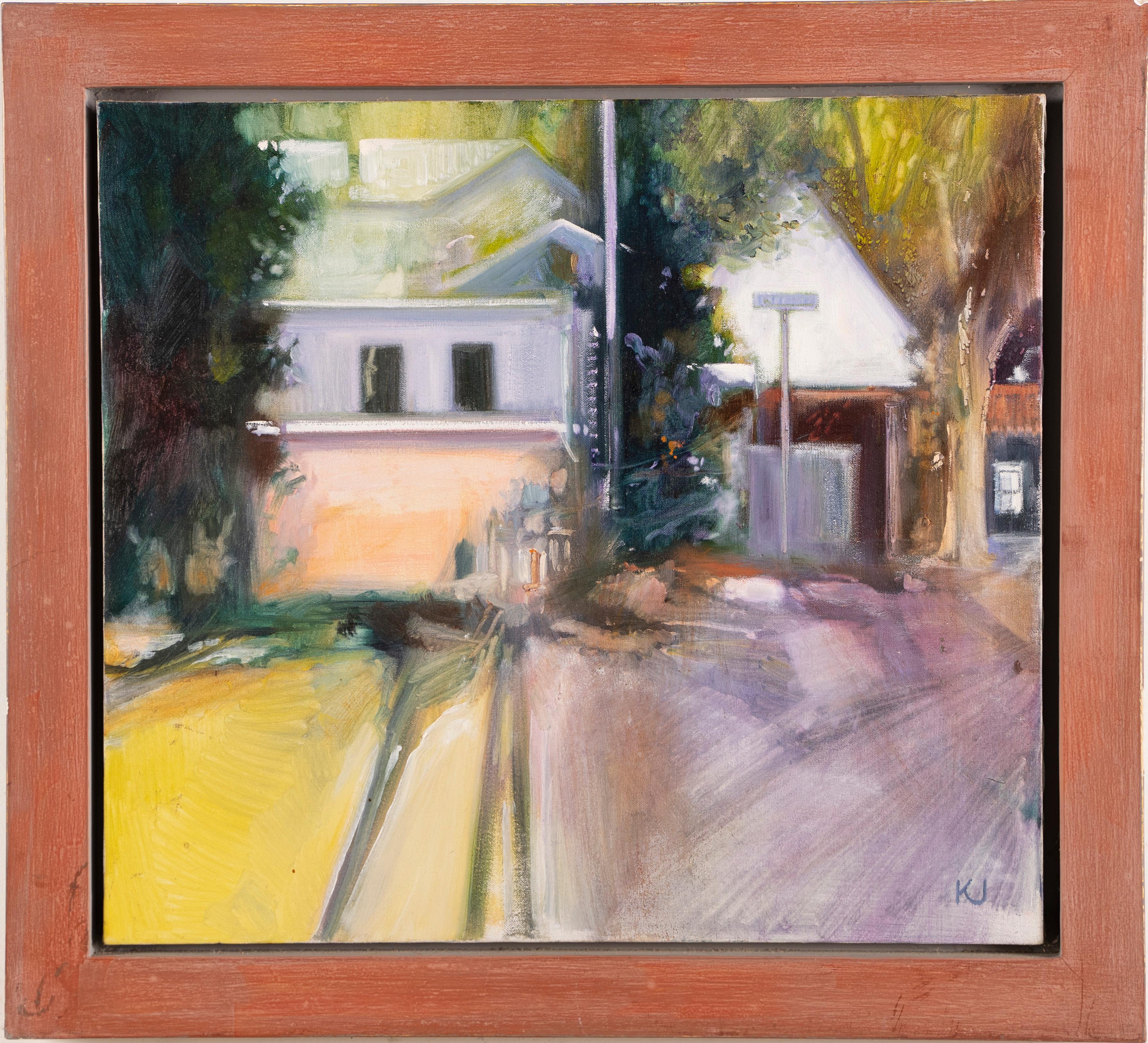 Kay Jackson Abstract Painting - Vintage American Modernist Signed Original Oil Painting Urban Street Landscape 