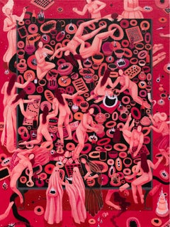 "Festín Infernal" Paisaje de mesa monocromático con figuras femeninas y comida