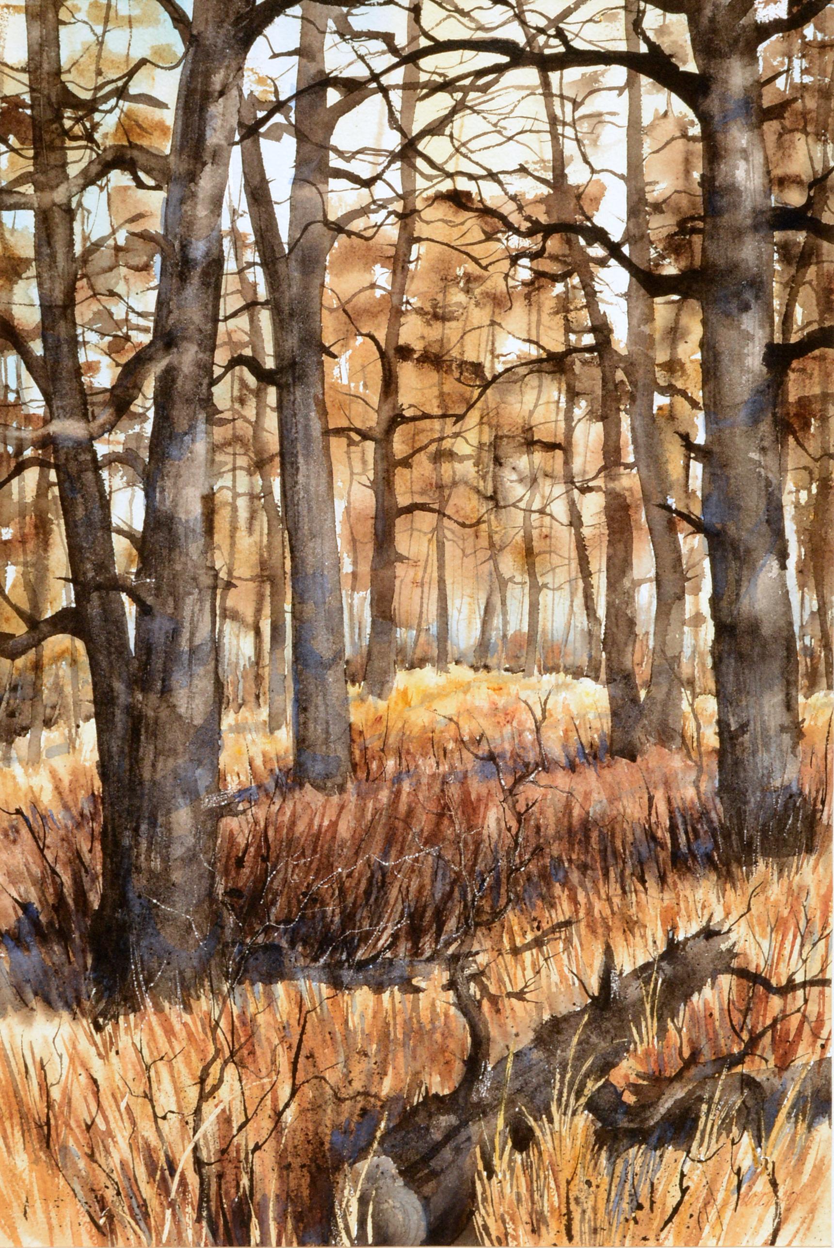 Aquarelle de paysage vertical couleur terre avec arbres, Forêt-Noire, années 1970 - Painting de Kay Swanson