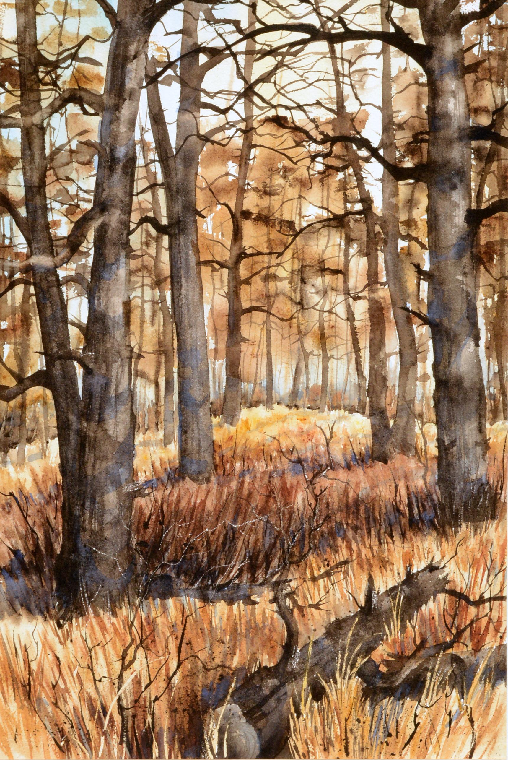 Bosque otoñal , Acuarela de paisaje vertical en tonos tierra con árboles, años 70 - Painting de Kay Swanson