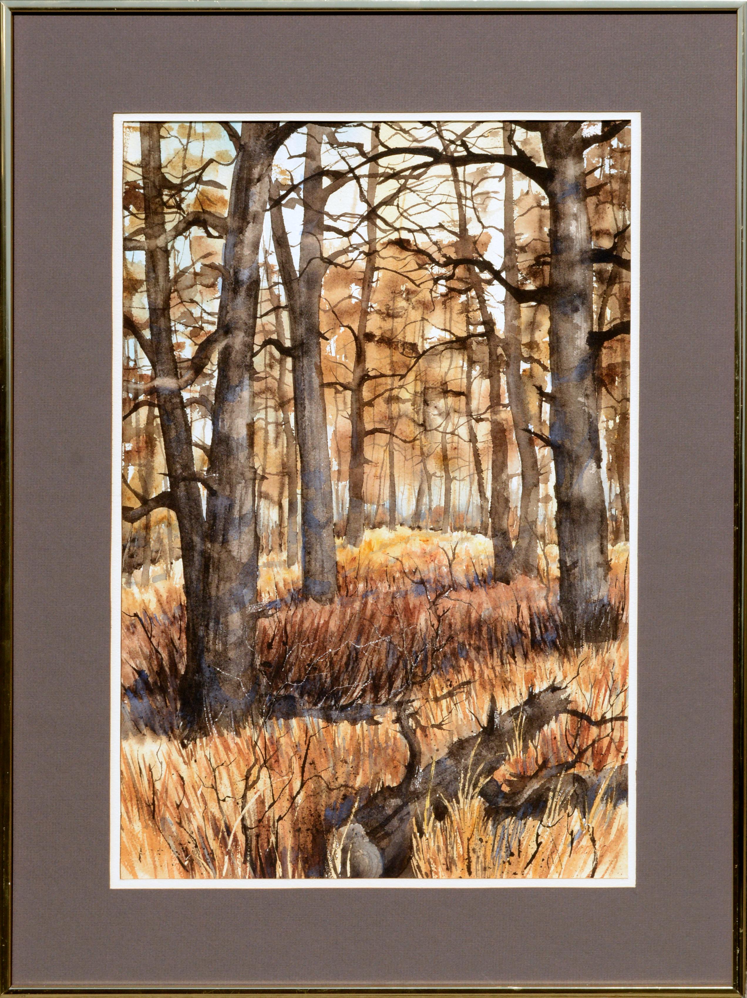 Autumn Forest , 1970's Earth-tone Vertical Landscape Watercolor with Trees