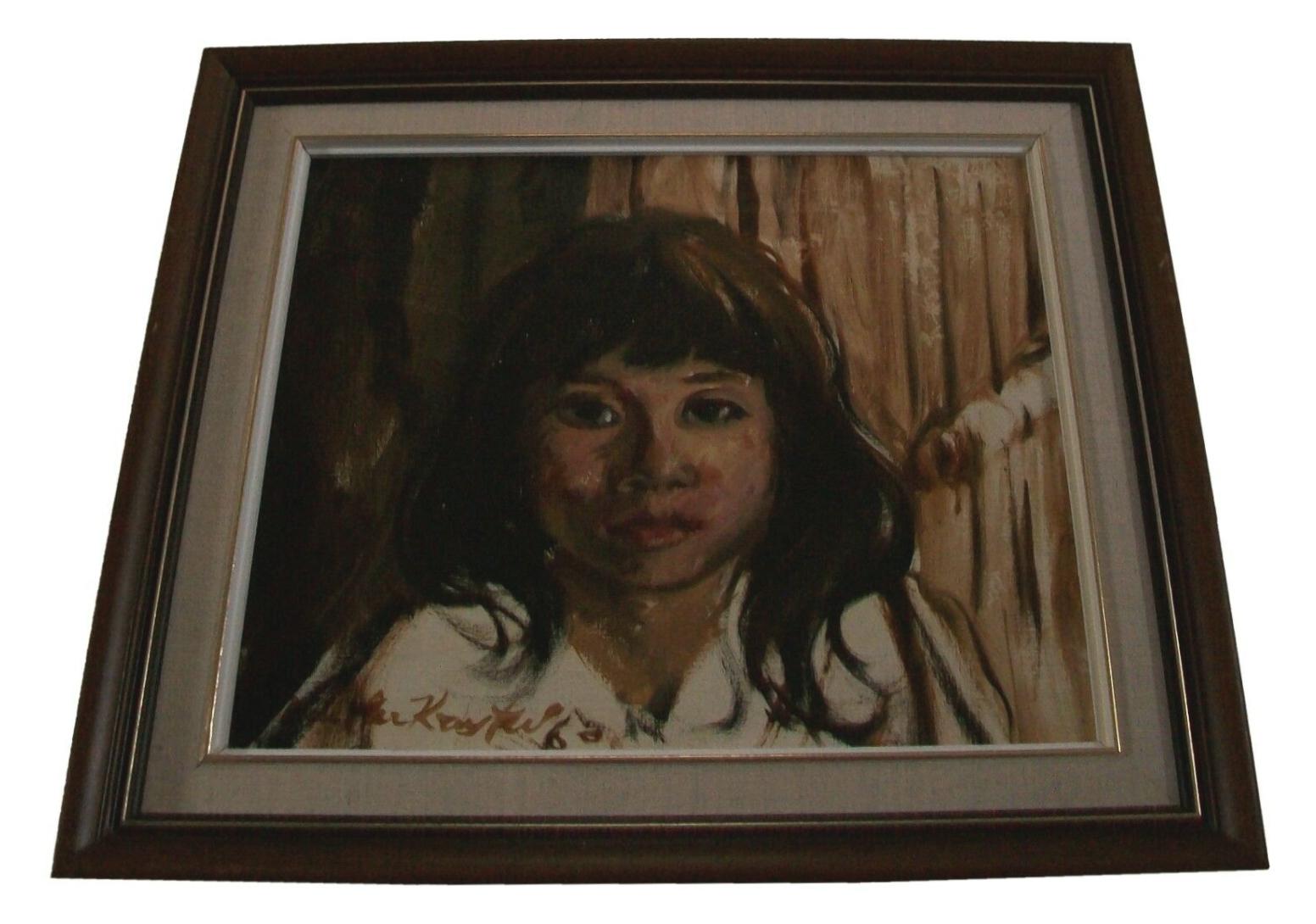 KAY YUM - Untitled (Portrait of a Mexican Girl) - Mid Century Latin American oil painting on canvas - contained in a vintage frame with linen liner - signed and dated lower left - label and exhibition notes on the stretcher - Mexico (likely) - circa