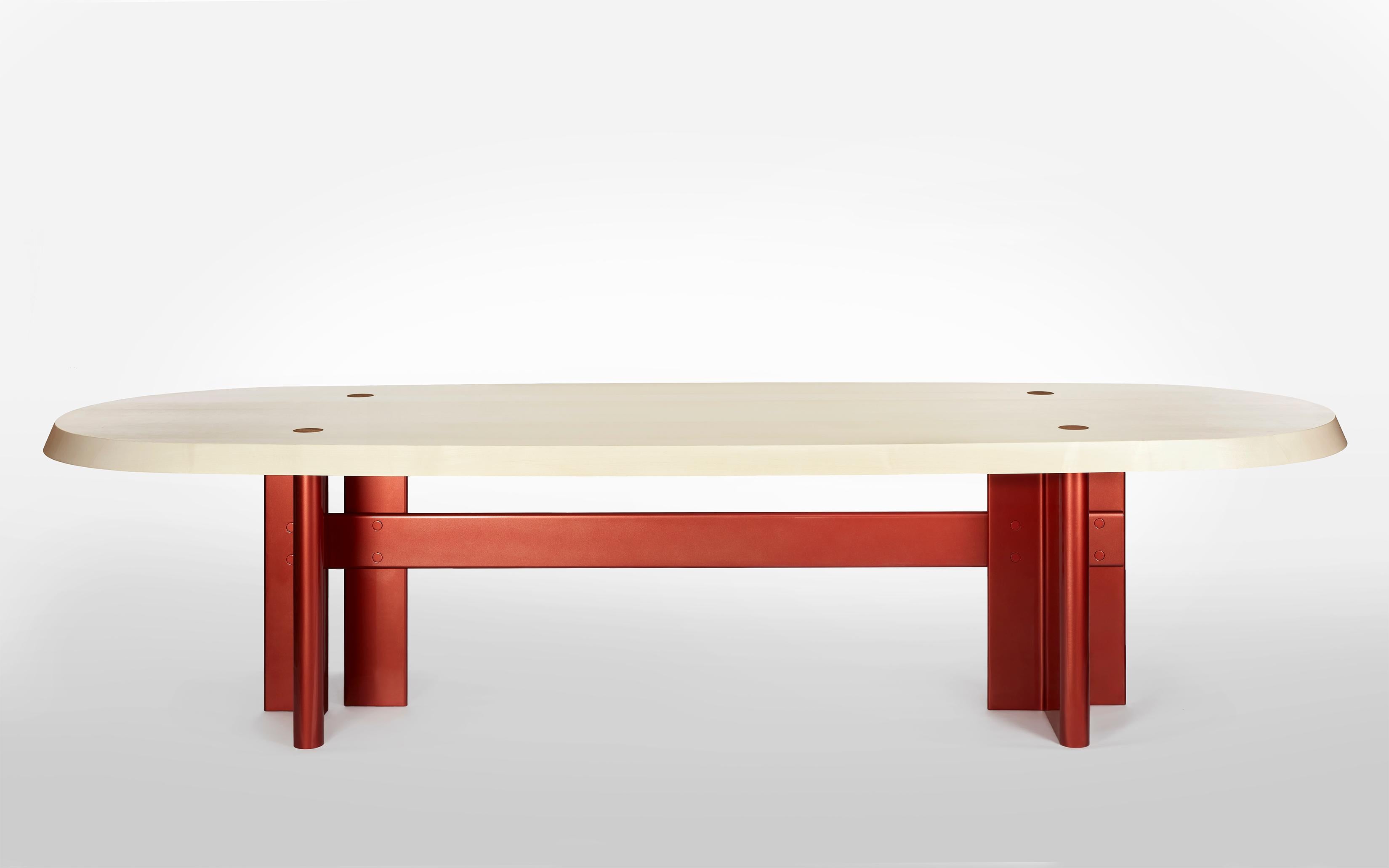 Kayak maple dining table by Gisbert Pöppler
Dimensions: D 320 x W 110 x H 75 cm
Materials: Maple wood, high gloss lacquered steel base

Perfectly balanced and sturdy like the sleek boat and hunter of the arctic, the Kayak dinner table is a playful