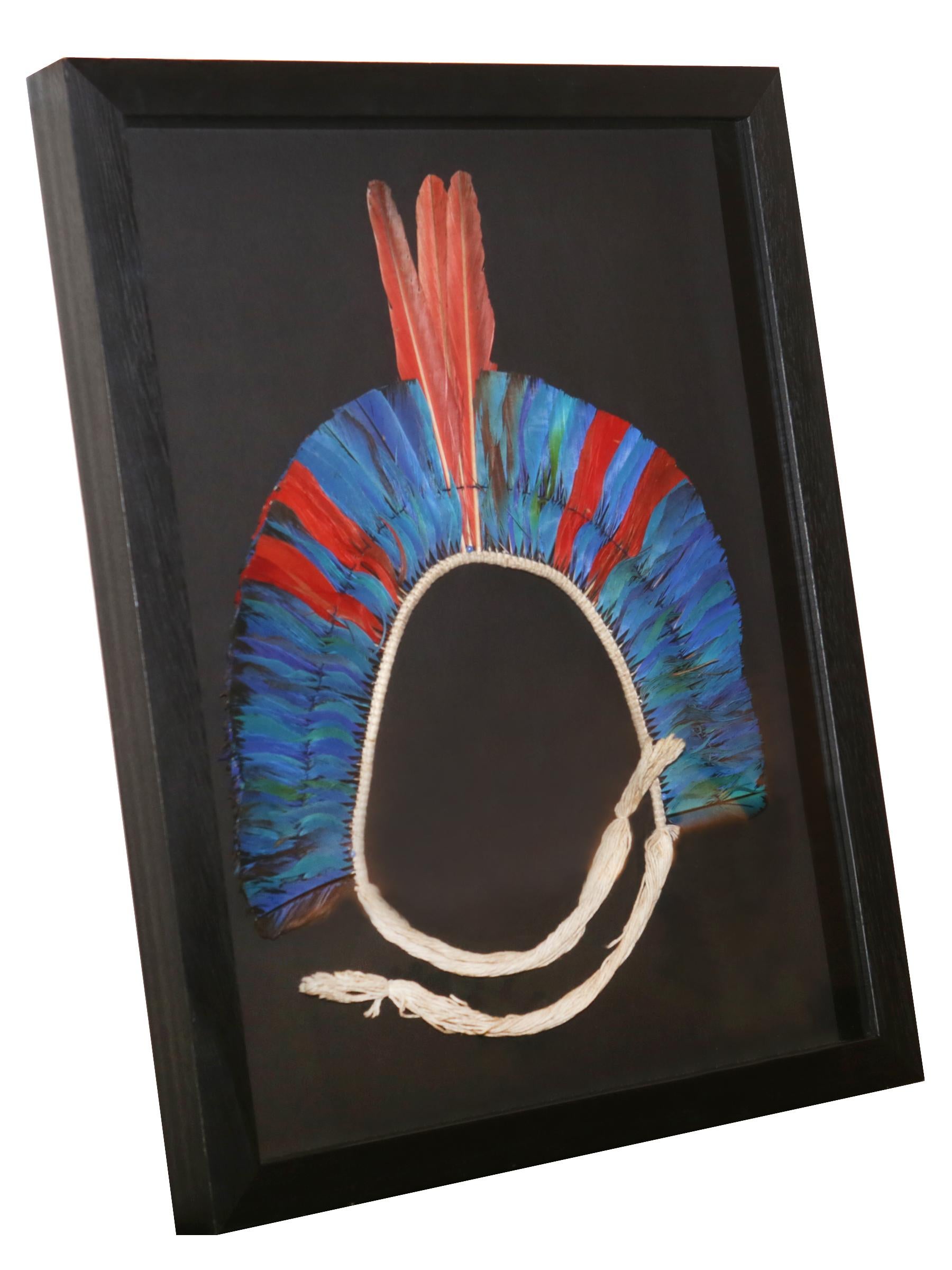 Headdress Kayapo 2 with natural feathers and
with cotton frame. Under glass with black wooden
frame. From Kayapo ethnic tribe, particularly from
Mekragnoti tribe. From Rio Chiche, southeast Para
state in Brazil. Pieces collected by Sir André